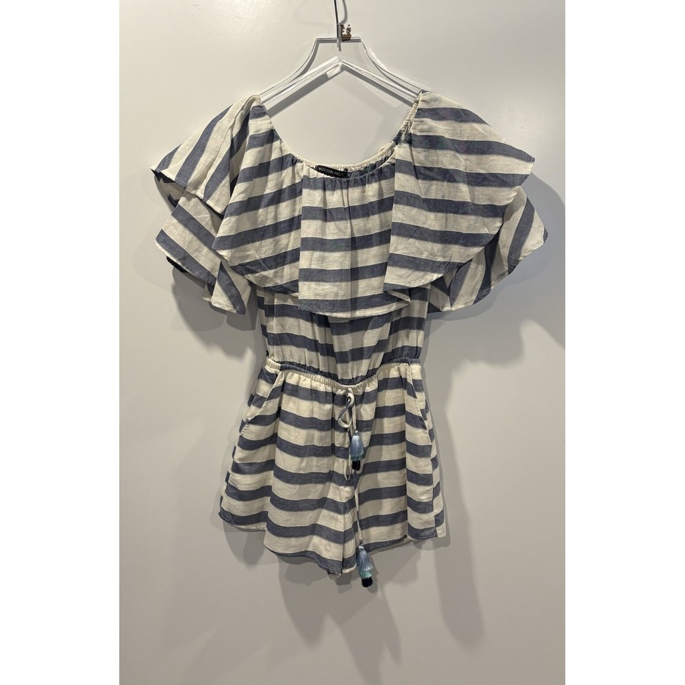 Boston Proper Striped Ruffle Off Shoulder Romper Blue White Cotton Small 0601